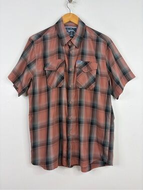 Dixxon Kokomo Shirt Mens Large Brown Tan Black Plaid Bamboo Short Sleeve Collare